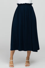 Navy Ruffle Waist Midi Skirt