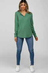 Green Waffle Knit Split Neck Long Sleeve Top