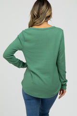 Green Waffle Knit Split Neck Long Sleeve Top