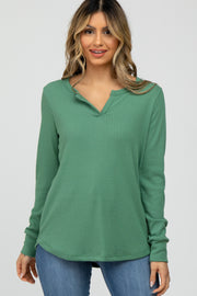 Green Waffle Knit Split Neck Long Sleeve Top