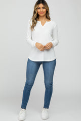 White Waffle Knit Split Neck Long Sleeve Top