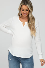 White Waffle Knit Split Neck Long Sleeve Maternity Top