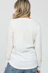 White Waffle Knit Split Neck Long Sleeve Maternity Top