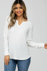 White Waffle Knit Split Neck Long Sleeve Maternity Top