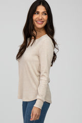 Beige Waffle Knit Split Neck Long Sleeve Top