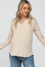 Beige Waffle Knit Split Neck Long Sleeve Maternity Top