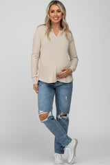 Beige Waffle Knit Split Neck Long Sleeve Maternity Top