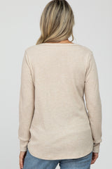 Beige Waffle Knit Split Neck Long Sleeve Maternity Top