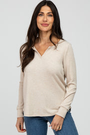 Beige Waffle Knit Split Neck Long Sleeve Top