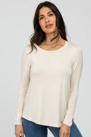 Beige Solid Long Sleeve Top