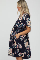 Navy Floral Babydoll Maternity Mini Dress