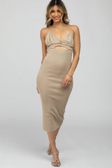 Taupe Front Cutout Halter Midi Dress