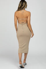 Taupe Front Cutout Halter Midi Dress