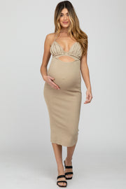 Taupe Front Cutout Halter Maternity Midi Dress