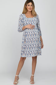 Blue Brushstroke Print Square Neck Maternity Dress