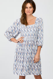 Blue Brushstroke Print Square Neck Dress