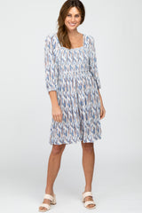 Blue Brushstroke Print Square Neck Dress