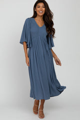 Blue Smocked Front Ruffle Sleeve Maternity Midi Dress