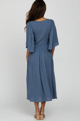 Blue Smocked Front Ruffle Sleeve Midi Dress