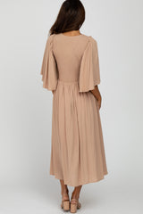 Taupe Smocked Front Ruffle Sleeve Midi Dress