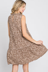 Mocha Floral Ruffle Mock Neck Tiered Dress