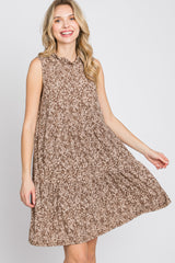 Mocha Floral Ruffle Mock Neck Tiered Dress