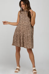 Mocha Floral Ruffle Mock Neck Tiered Maternity Dress