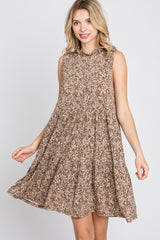 Mocha Floral Ruffle Mock Neck Tiered Dress