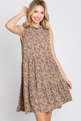 Mocha Floral Ruffle Mock Neck Tiered Dress