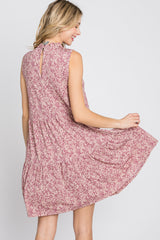 Mauve Floral Ruffle Mock Neck Tiered Dress