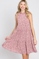 Mauve Floral Ruffle Mock Neck Tiered Dress