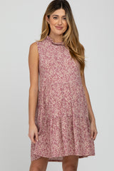 Mauve Floral Ruffle Mock Neck Tiered Maternity Dress