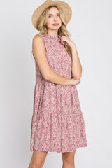 Mauve Floral Ruffle Mock Neck Tiered Dress