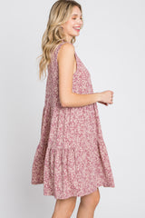 Mauve Floral Ruffle Mock Neck Tiered Dress