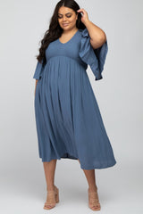 Blue Smocked Front Ruffle Sleeve Maternity Plus Midi Dress