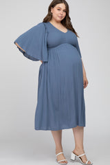 Blue Smocked Front Ruffle Sleeve Maternity Plus Midi Dress