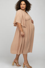 Taupe Smocked Front Ruffle Sleeve Maternity Plus Midi Dress