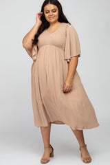 Taupe Smocked Front Ruffle Sleeve Plus Midi Dress