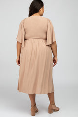 Taupe Smocked Front Ruffle Sleeve Plus Midi Dress