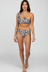 Beige Pink Leopard Print Cutout One Shoulder Bikini Set