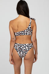 Beige Pink Leopard Print Cutout One Shoulder Bikini Set