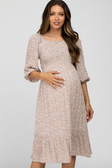 Ivory Floral Smocked Ruffle Hem Maternity Midi Dress