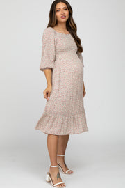 Ivory Floral Smocked Ruffle Hem Maternity Midi Dress