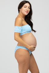 Light Blue Striped Off Shoulder Bikini Maternity Swim Set