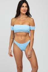 Light Blue Striped Off Shoulder Bikini Swim Set