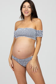 Navy Striped Off Shoulder Bikini Maternity Swim Set