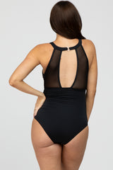 Black Mesh Accent Ruched One-Piece Maternity Swimsuit