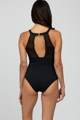 Black Mesh Accent Ruched One-Piece Swimsuit