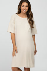 Beige Ribbed Front Pocket Maternity Dress