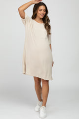 Beige Ribbed Front Pocket Maternity Dress